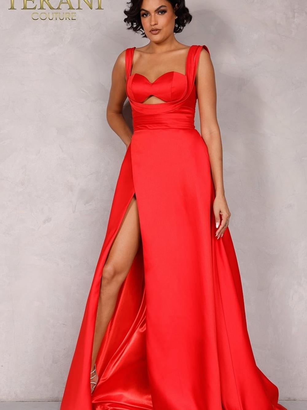 Terani Couture Vibrant Red Satin Prom Gown with Front Slit